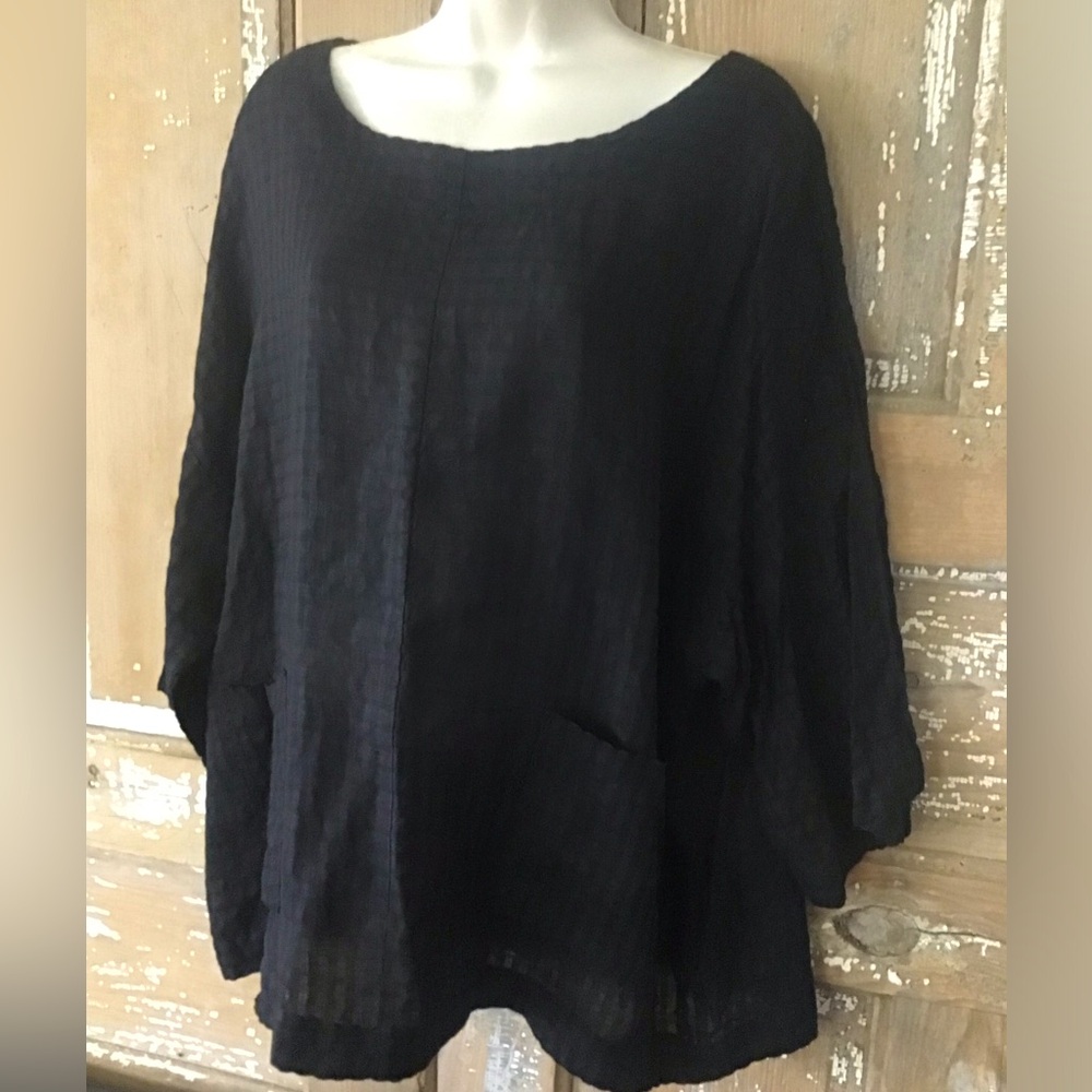 Linnea Womans Top Linen Blend Pockets Black  Oversized Spring Summer Fall Medium